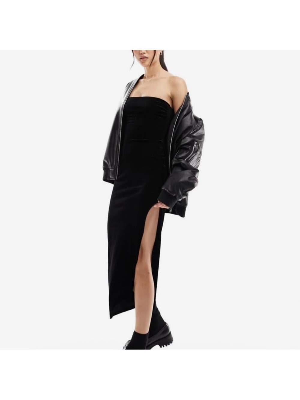 Bershka Black Strapless Velvet Midi Dress with High Side Slit